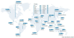 Mapa de usuários do linkedin em cada país com alto engajamento da plataforma.